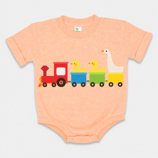 Duck Duck Goose Train- Short Sleeved Bubble Romper- Polyester Cotton Blend